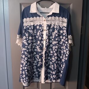 Navy & White Floral Button-Up Blouse with Lace Trim